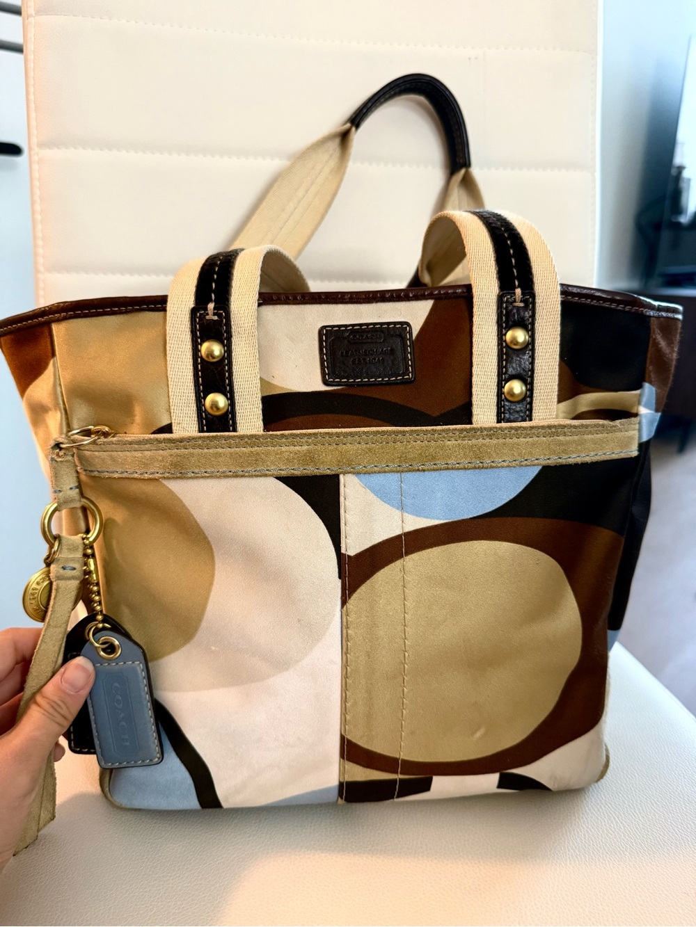 Coach Hampton Scarf Tote Vintage Satin Suede Bottom, Blue Tan Brown